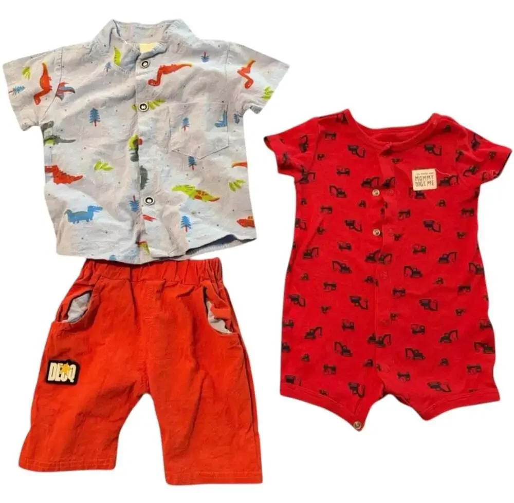 Baby Boy Outfit Lot 3-6M‎ Dino Shirt Shorts Red Romper Construction